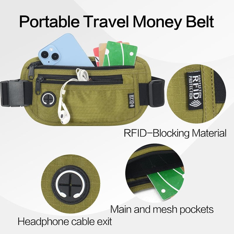 Arouselove Slim RFID Blocking Money Belt for Travel - Anti-Theft Hidden Passport Holder Waist Wallet with Secure Pouch for Cash, Credit Cards & Phone Safe (Olive-green) - Image 2
